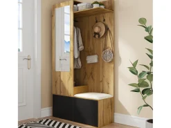Clearance Hauss Spole Roupeiro preto e madeira com 5 ganchos, espelho, 2 portas, um cabide escondido e uma prateleira 100x38x191cm Natural claro