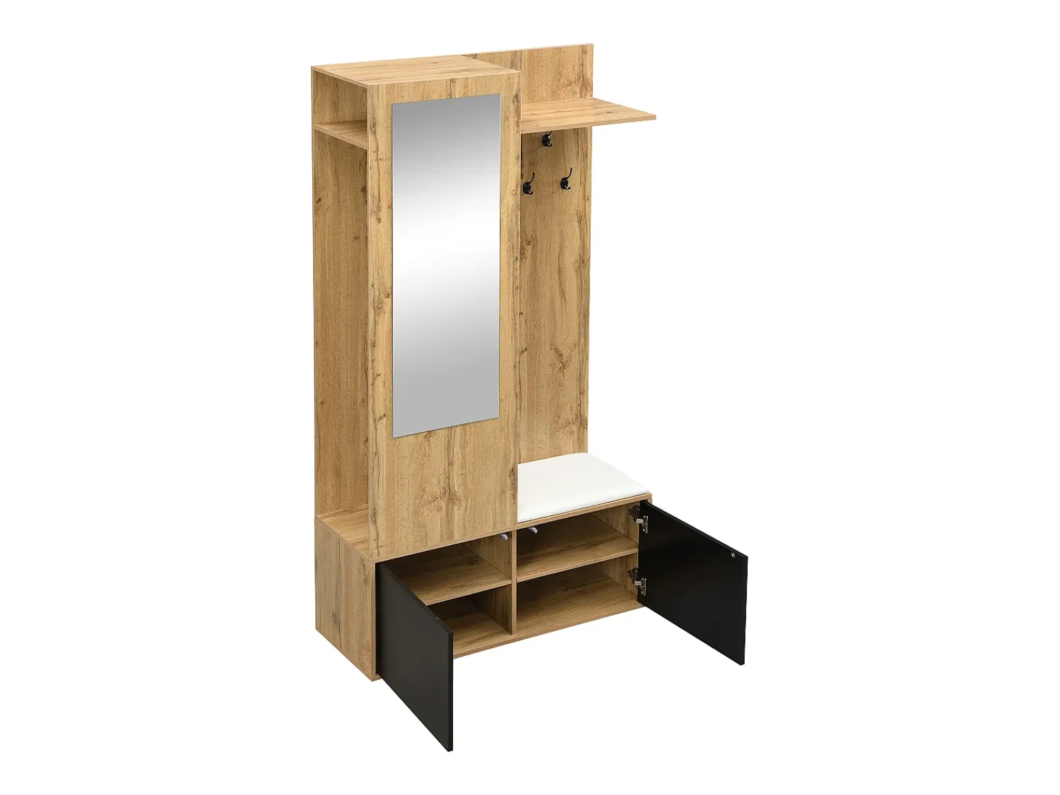 Clearance Hauss Spole Roupeiro preto e madeira com 5 ganchos, espelho, 2 portas, um cabide escondido e uma prateleira 100x38x191cm Natural claro