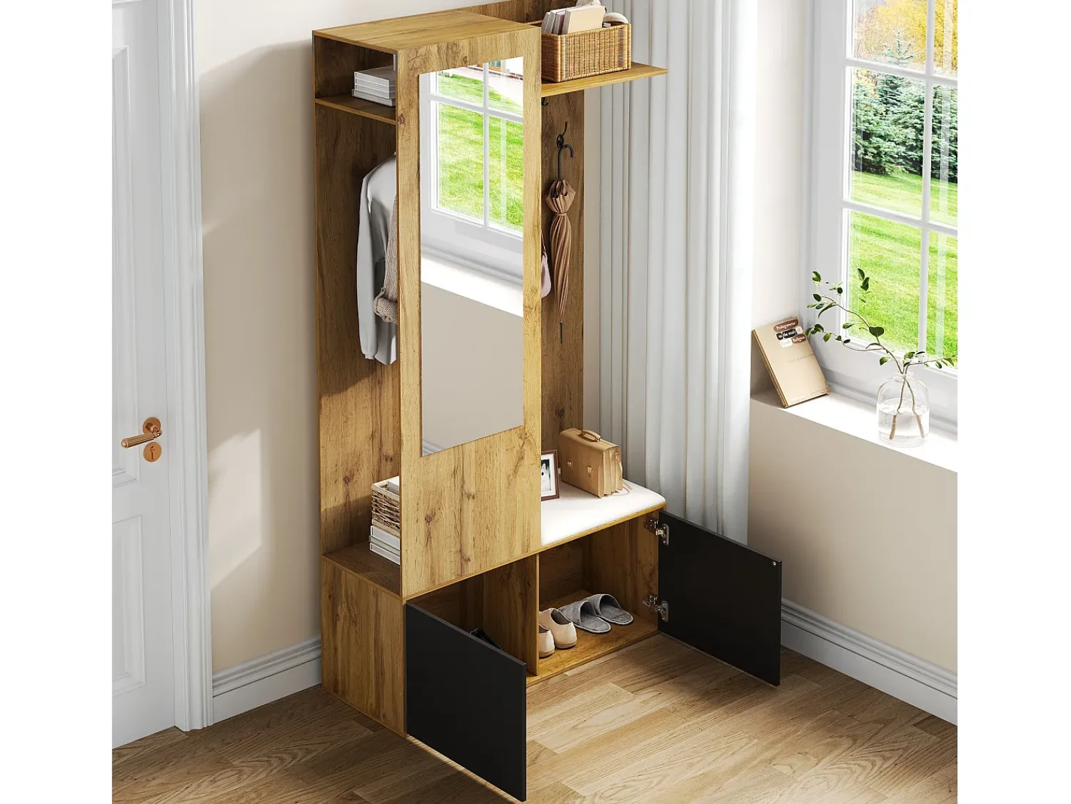 Clearance Hauss Spole Roupeiro preto e madeira com 5 ganchos, espelho, 2 portas, um cabide escondido e uma prateleira 100x38x191cm Natural claro