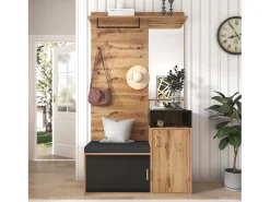 Sale Hauss Spole Roupeiro preto e madeira com espelho, 2 portas, banco e 4 ganchos 105x40x191,5cm Natural claro