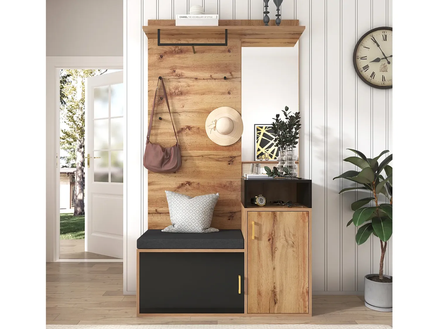 Sale Hauss Spole Roupeiro preto e madeira com espelho, 2 portas, banco e 4 ganchos 105x40x191,5cm Natural claro