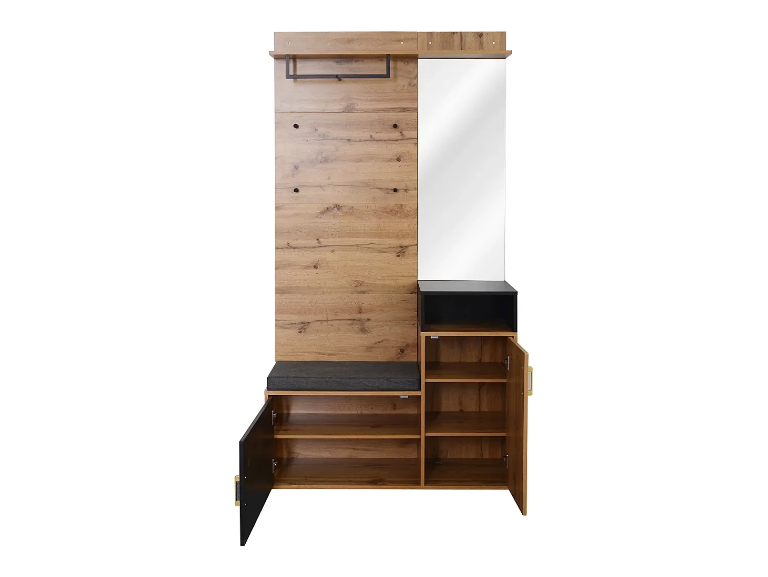 Sale Hauss Spole Roupeiro preto e madeira com espelho, 2 portas, banco e 4 ganchos 105x40x191,5cm Natural claro