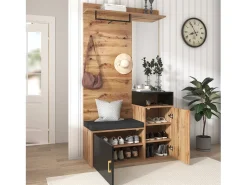 Sale Hauss Spole Roupeiro preto e madeira com espelho, 2 portas, banco e 4 ganchos 105x40x191,5cm Natural claro