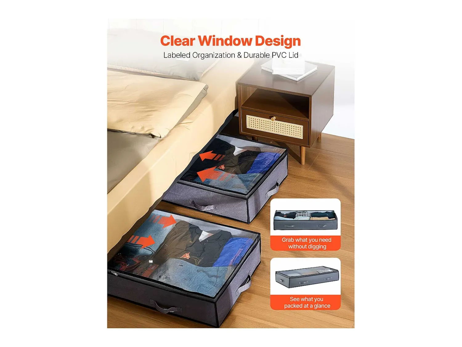 Acessórios De Arrumação| Sacos de Armazenamento SucceBuy sob a Cama 4 Peças 90 L, Organizador de Sapatos sob a Cama com Tampas Transparentes, Caixa de Armazenamento para Roupas Cinzento