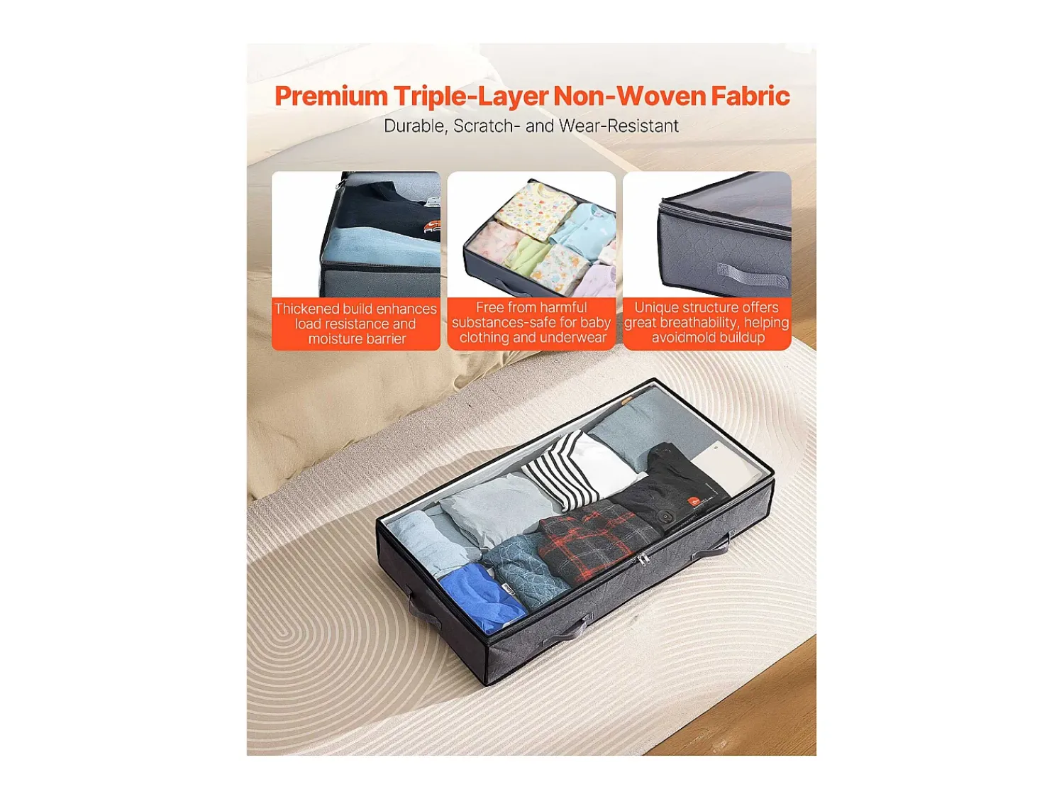 Acessórios De Arrumação| Sacos de Armazenamento SucceBuy sob a Cama 4 Peças 90 L, Organizador de Sapatos sob a Cama com Tampas Transparentes, Caixa de Armazenamento para Roupas Cinzento