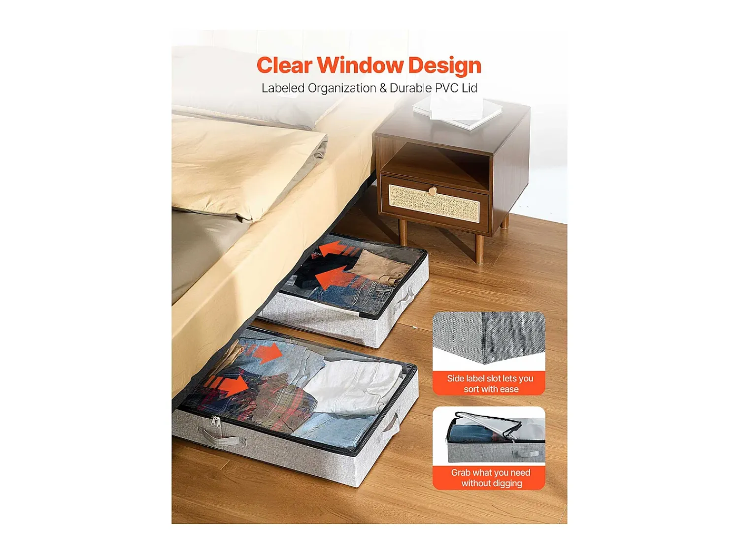 Hot Sacos de Armazenamento SucceBuy sob a Cama 2 Peças 45 L, Organizador de Sapatos sob a Cama com Tampas Transparentes, Caixa de Armazenamento para Roupas Cinzento