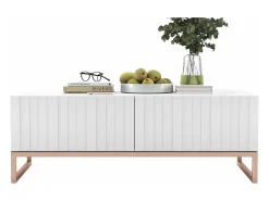 Online Salontafel met 2 deuren – Matwitte kast, geribde matwitte fronten – 110 cm, metalen frame Branco