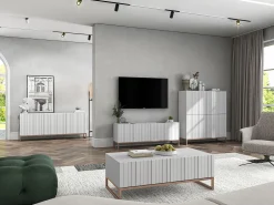 Online Salontafel met 2 deuren – Matwitte kast, geribde matwitte fronten – 110 cm, metalen frame Branco