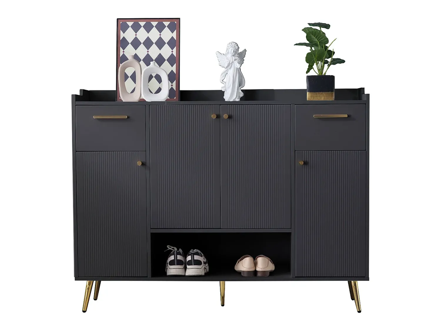 Móvel De Arrumação|Sapateira|ModernLuxe Sapateira - 2 gavetas + 4 portas + compartimento aberto - Preto
