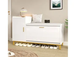 Merax Sapateira - 100 x 38 x 68 cm - com 2 compartimentos + 1 porta + assento estofado - e dourado - metal + aglomerado^ Móvel De Arrumação|Sapateira