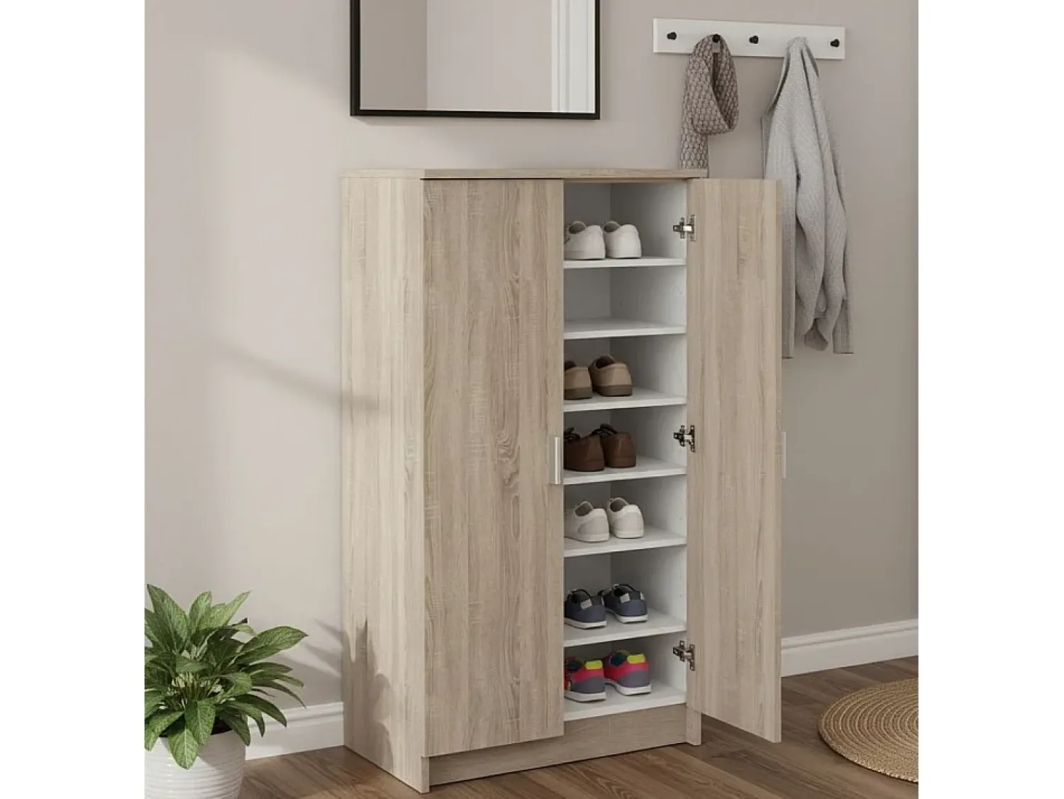 Móvel De Arrumação|Sapateira*Dmora Sapateira 0, Armário multifuncional, Armário de arrumação com prateleiras, Sapateira com duas portas e 6 prateleiras, 55x36h108 cm, Carvalho Castanho