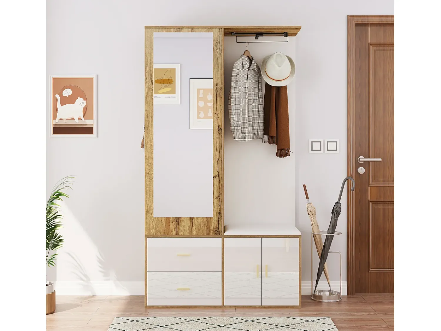 Móvel De Arrumação|Sapateira*Merax Sapateira + banco + roupeiro com espelho - 2 portas e 2 gavetas - 100x38x180cm - Aglomerado - e natural Branco