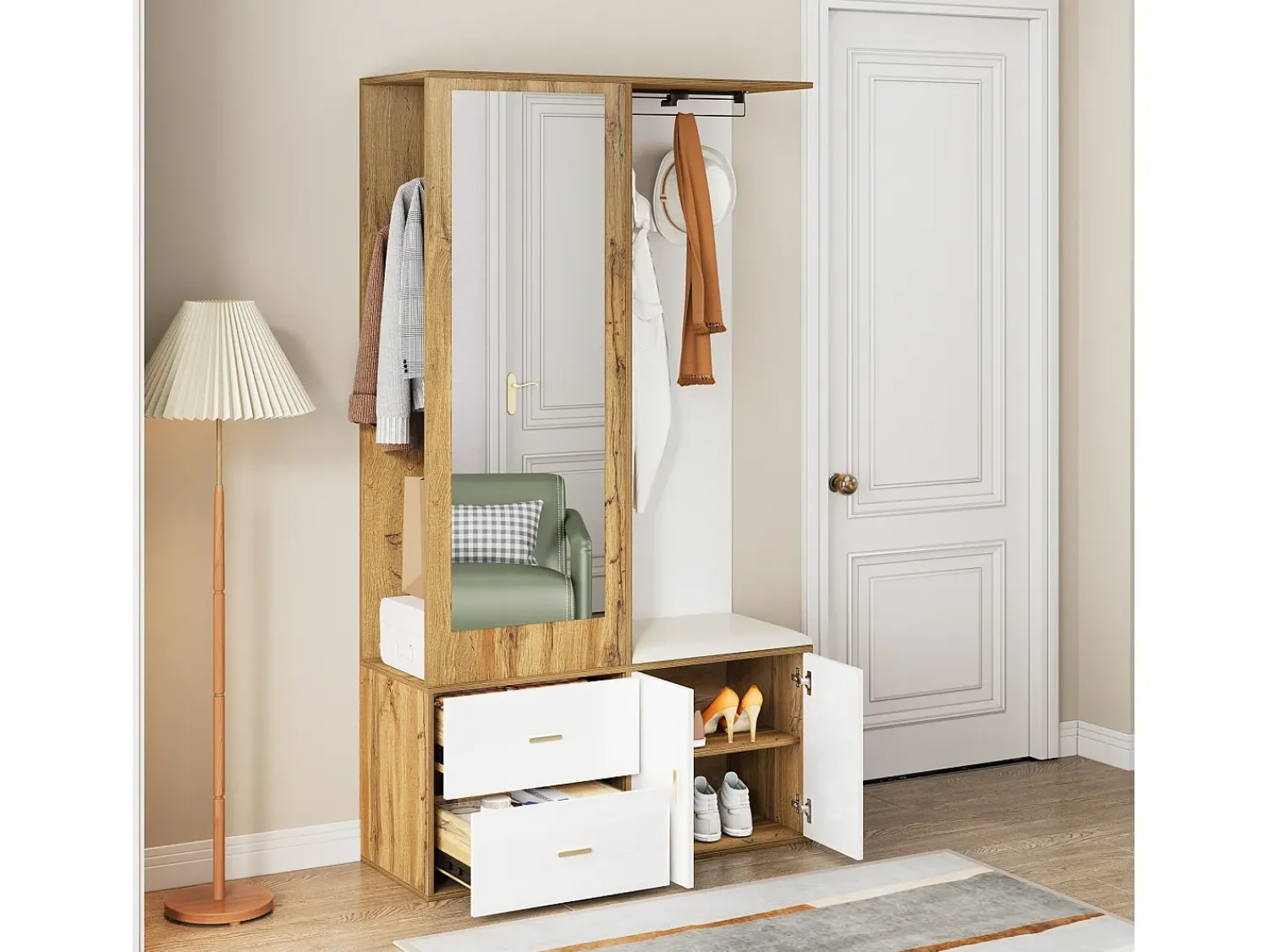 Móvel De Arrumação|Sapateira*Merax Sapateira + banco + roupeiro com espelho - 2 portas e 2 gavetas - 100x38x180cm - Aglomerado - e natural Branco