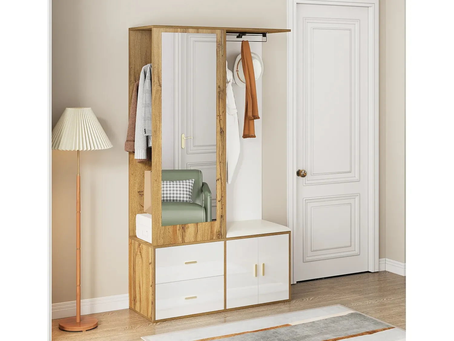 Móvel De Arrumação|Sapateira*Merax Sapateira + banco + roupeiro com espelho - 2 portas e 2 gavetas - 100x38x180cm - Aglomerado - e natural Branco