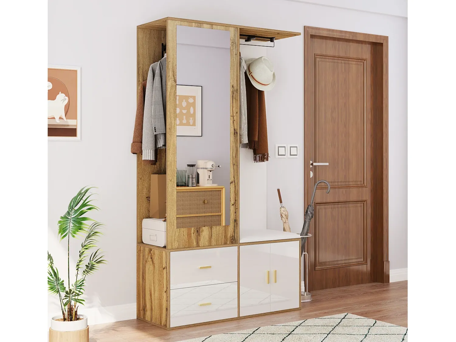 Móvel De Arrumação|Sapateira*Merax Sapateira + banco + roupeiro com espelho - 2 portas e 2 gavetas - 100x38x180cm - Aglomerado - e natural Branco