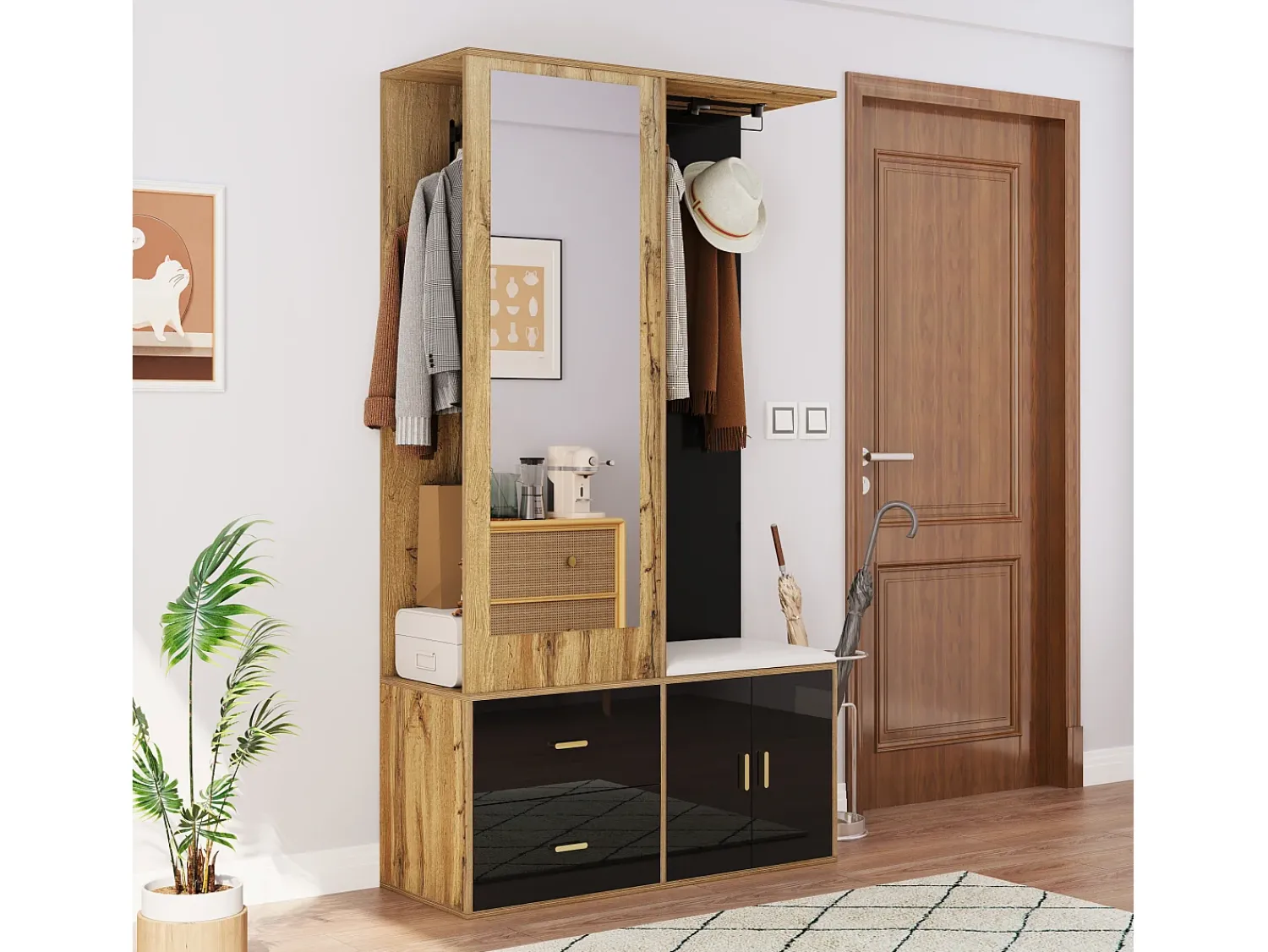 Móvel De Arrumação|Sapateira*Merax Sapateira + banco + roupeiro com espelho - 2 portas e 2 gavetas - 100x38x180cm - Aglomerado - e natural Preto