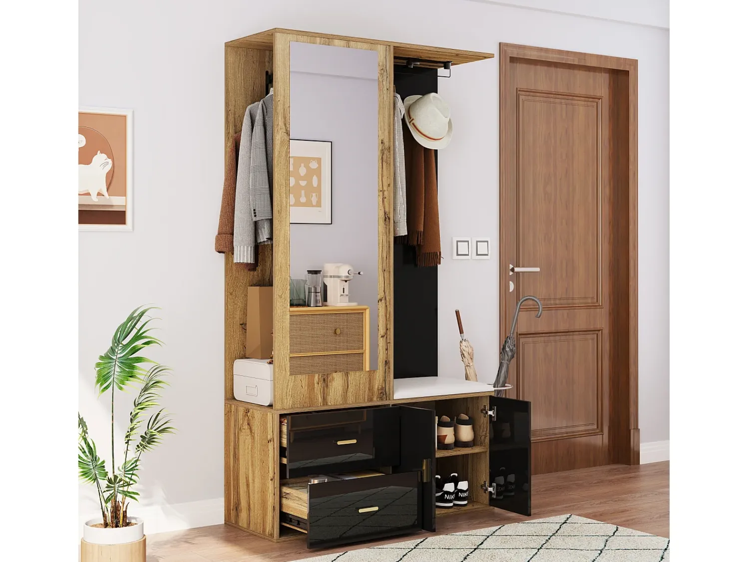 Móvel De Arrumação|Sapateira*Merax Sapateira + banco + roupeiro com espelho - 2 portas e 2 gavetas - 100x38x180cm - Aglomerado - e natural Preto