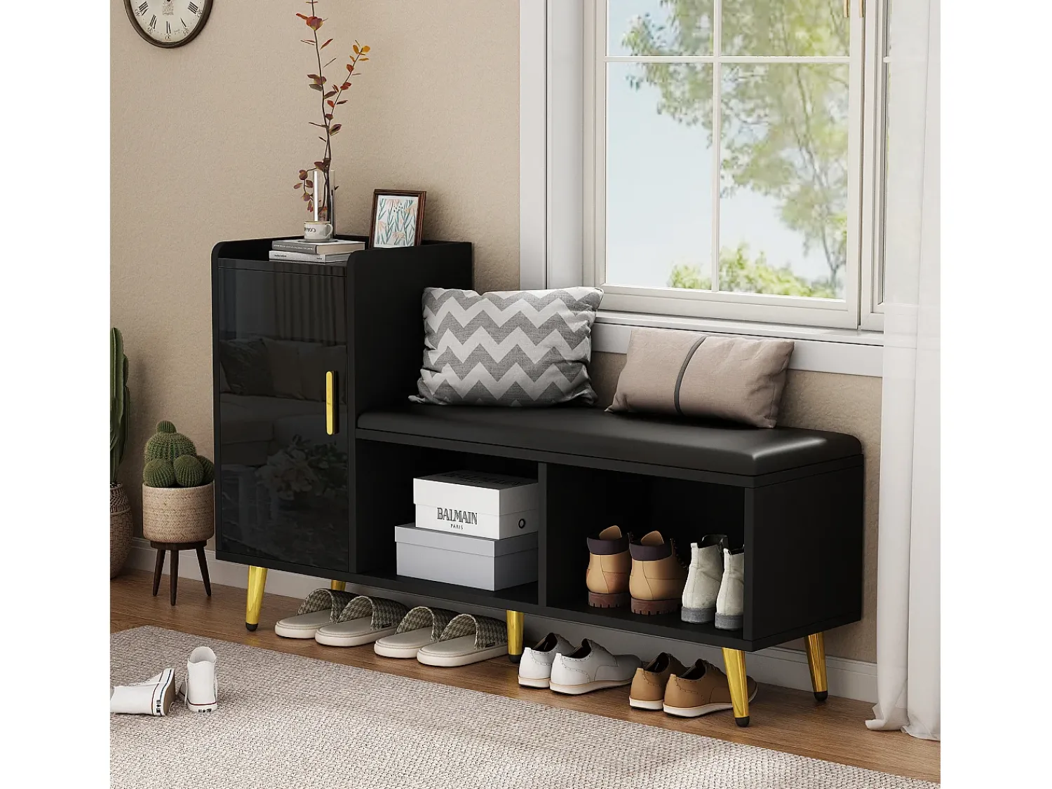 Móvel De Arrumação|Sapateira|ModernLuxe Sapateira - com assento acolchoado - com 1 porta - com compartimentos de armazenamento - Preto
