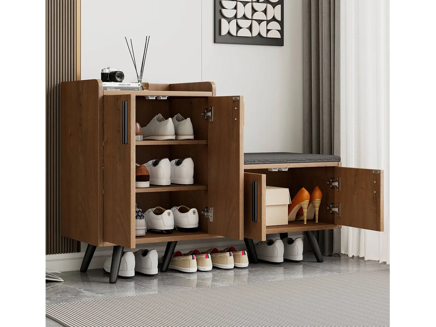 Móvel De Arrumação|Sapateira|ModernLuxe Sapateira - com banco e 4 portas - Castanho