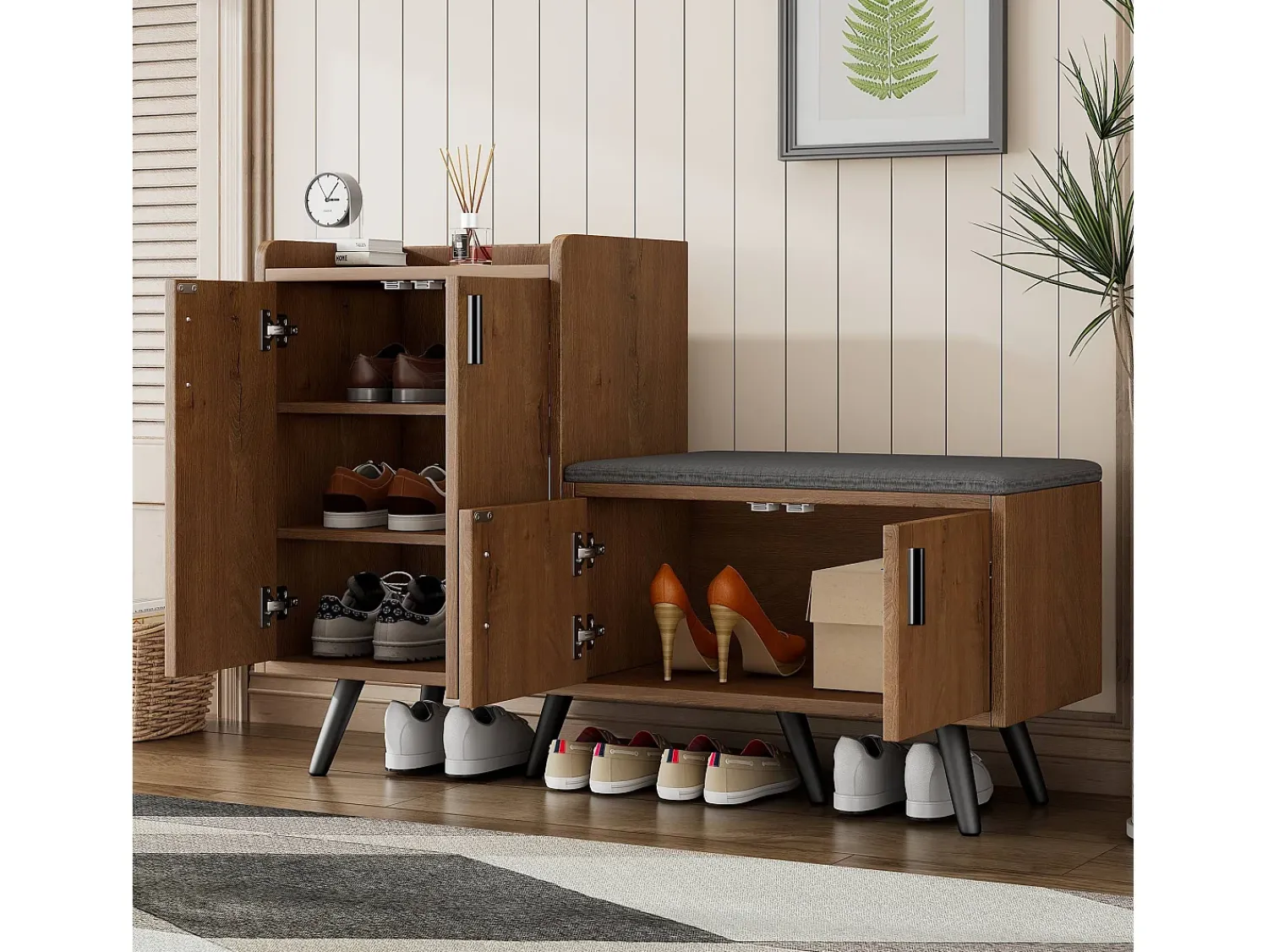 Móvel De Arrumação|Sapateira|ModernLuxe Sapateira - com banco e 4 portas - Castanho