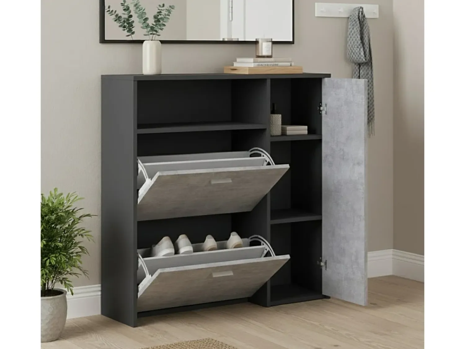 Outlet Dmora Sapateira 0, Sapateira de entrada com prateleiras, Armário multiuso moderno com 3 portas, Fabricado na Itália, 91x27h94 cm, Antracite e Cimento Preto