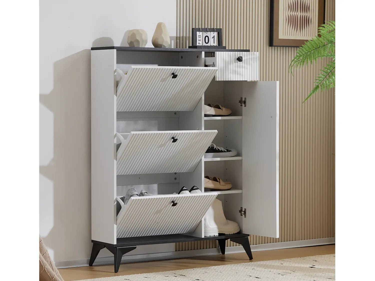 Móvel De Arrumação|Sapateira|Hauss Spole Sapateira branca com 1 gaveta e 4 portas, pés pretos 90x25x121cm Branco