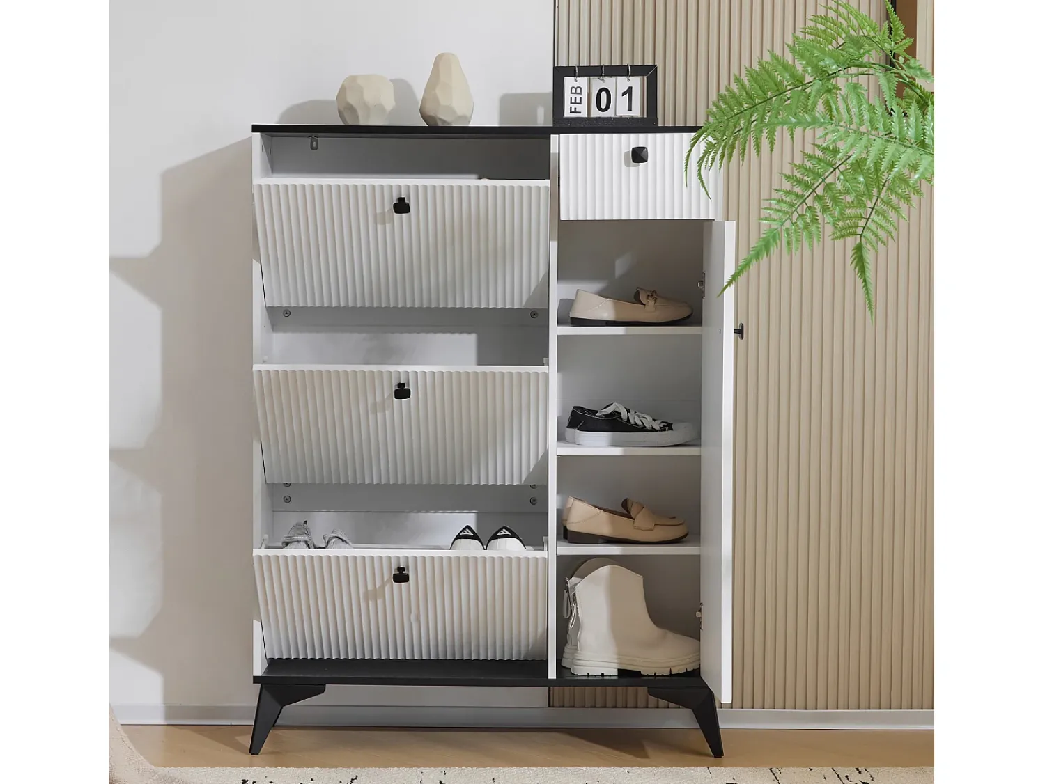 Móvel De Arrumação|Sapateira|Hauss Spole Sapateira branca com 1 gaveta e 4 portas, pés pretos 90x25x121cm Branco