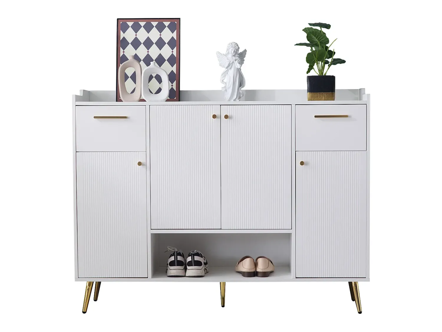 Hauss Spole Sapateira branca com 2 gavetas e 4 portas, pés em metal 130x37x100cm^ Móvel De Arrumação|Sapateira
