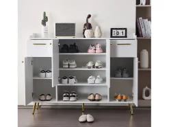 Hauss Spole Sapateira branca com 2 gavetas e 4 portas, pés em metal 130x37x100cm^ Móvel De Arrumação|Sapateira
