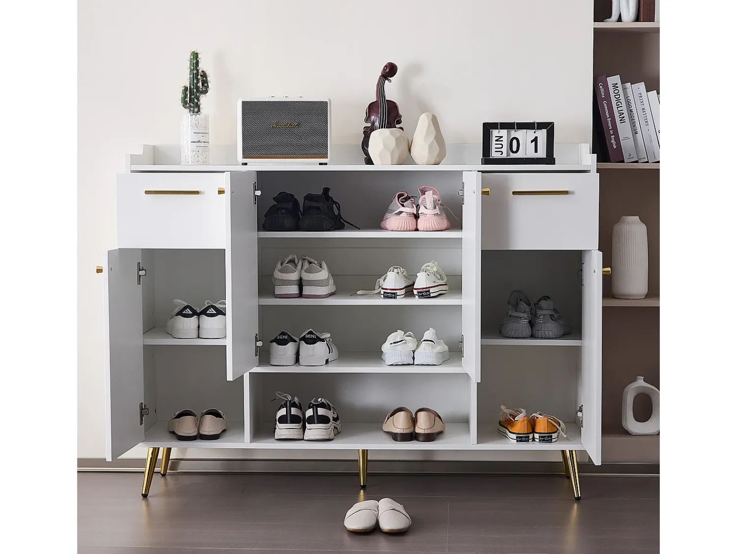 Hauss Spole Sapateira branca com 2 gavetas e 4 portas, pés em metal 130x37x100cm^ Móvel De Arrumação|Sapateira