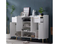 Hauss Spole Sapateira branca com 2 gavetas e 4 portas, pés em metal 130x37x100cm^ Móvel De Arrumação|Sapateira