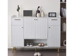 Hauss Spole Sapateira branca com 2 gavetas e 4 portas, pés em metal 130x37x100cm^ Móvel De Arrumação|Sapateira