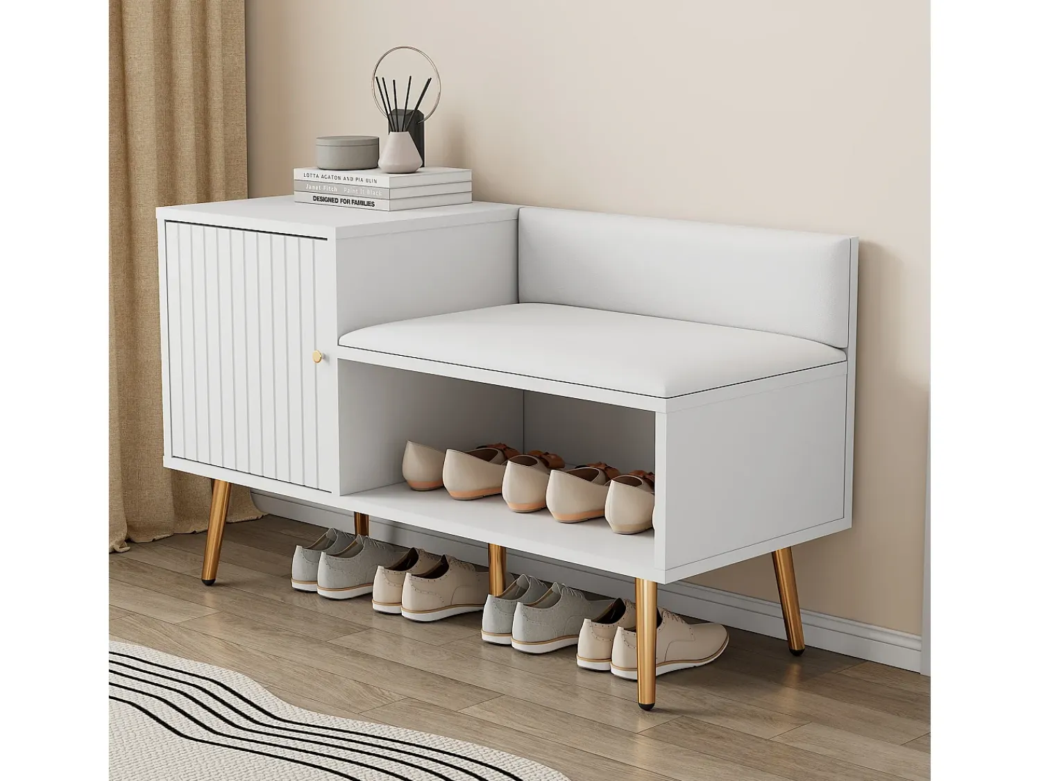 Móvel De Arrumação|Sapateira*Hauss Spole Sapateira branca com 1 porta e banco estofado, pés em metal 100x38x58cm Branco