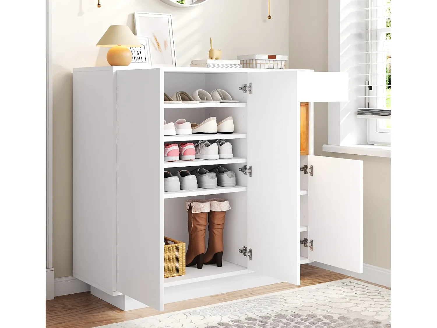 Sapateira branca com iluminação LED - Sapateira com 3 portas e 1 gaveta - Prateleiras ajustáveis Branco