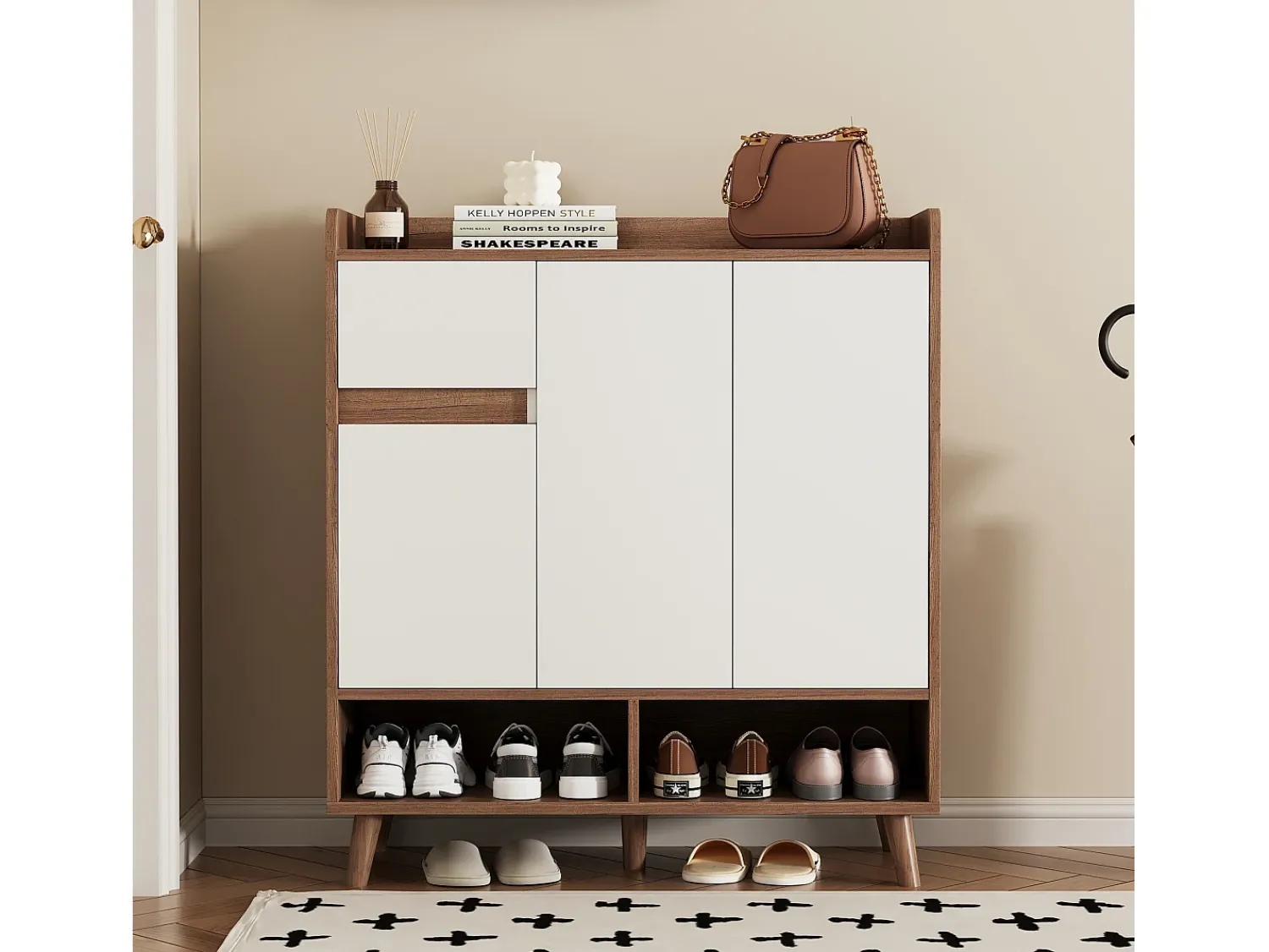 Hauss Spole Sapateira branca e madeira com 3 portas e 1 gaveta, prateleiras reguláveis 90x35x99cm^ Móvel De Arrumação|Sapateira