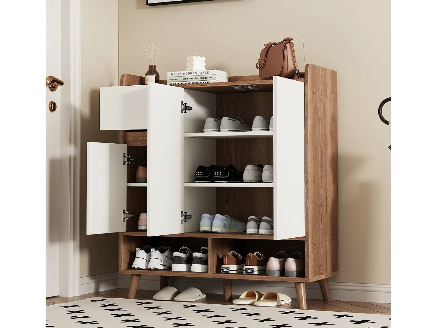 Hauss Spole Sapateira branca e madeira com 3 portas e 1 gaveta, prateleiras reguláveis 90x35x99cm^ Móvel De Arrumação|Sapateira