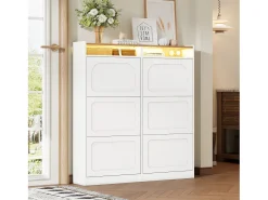Merax Sapateira com 6 compartimentos rebatíveis + LEDs + 2 prateleiras abertas - 120 x 24 x 130 cm - MDF - + natural Branco