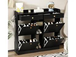 Móvel De Arrumação|Sapateira|Merax Sapateira com 2 gavetas, 3 compartimentos abertos e 4 portas de batente - 110 x 26 x 100 cm - Aglomerado - Preto