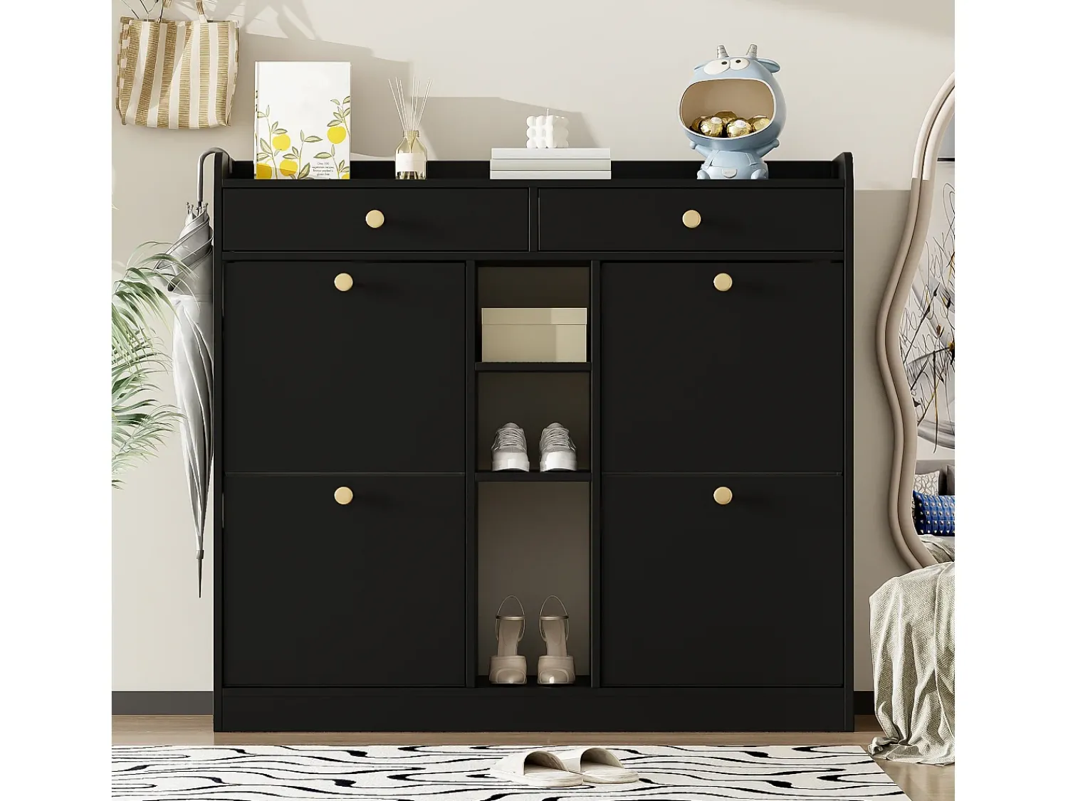 Móvel De Arrumação|Sapateira|Merax Sapateira com 2 gavetas, 3 compartimentos abertos e 4 portas de batente - 110 x 26 x 100 cm - Aglomerado - Preto