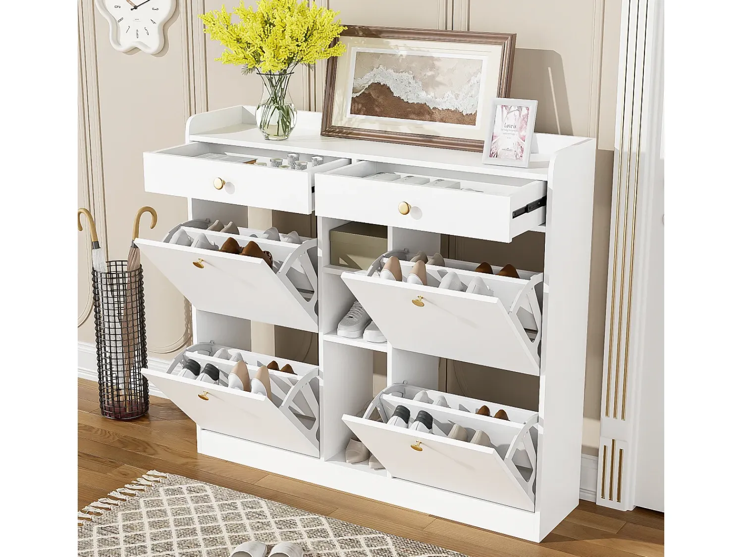 Móvel De Arrumação|Sapateira*Merax Sapateira com 2 gavetas, 3 compartimentos abertos e 4 portas de batente - 110 x 26 x 100 cm - Aglomerado - Branco