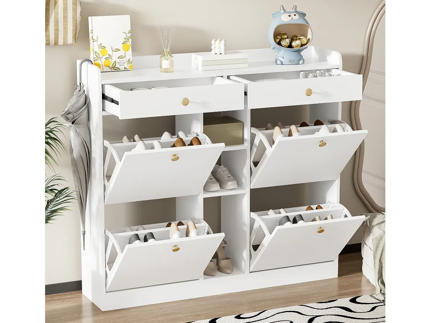 Móvel De Arrumação|Sapateira*Merax Sapateira com 2 gavetas, 3 compartimentos abertos e 4 portas de batente - 110 x 26 x 100 cm - Aglomerado - Branco