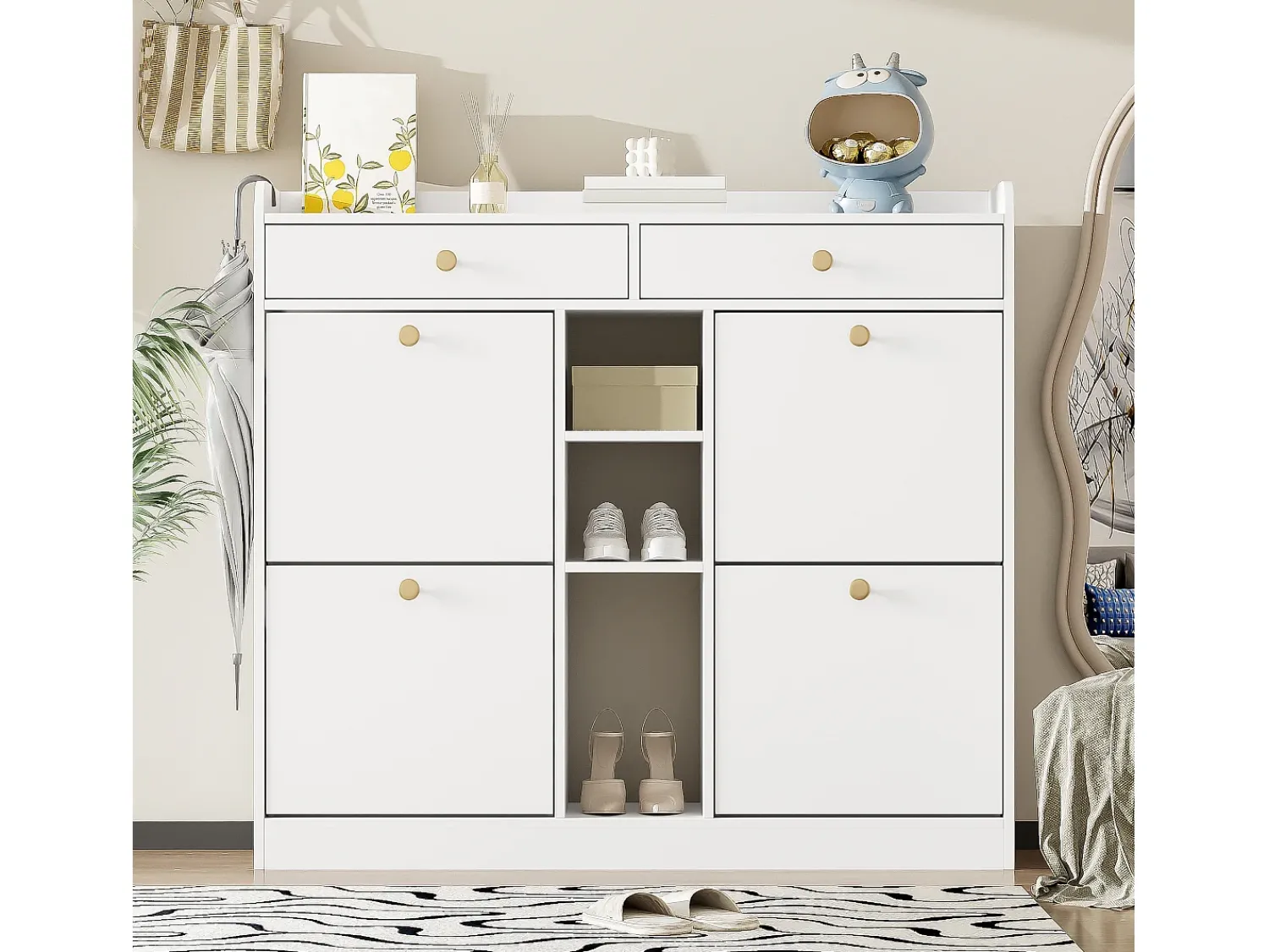 Móvel De Arrumação|Sapateira*Merax Sapateira com 2 gavetas, 3 compartimentos abertos e 4 portas de batente - 110 x 26 x 100 cm - Aglomerado - Branco