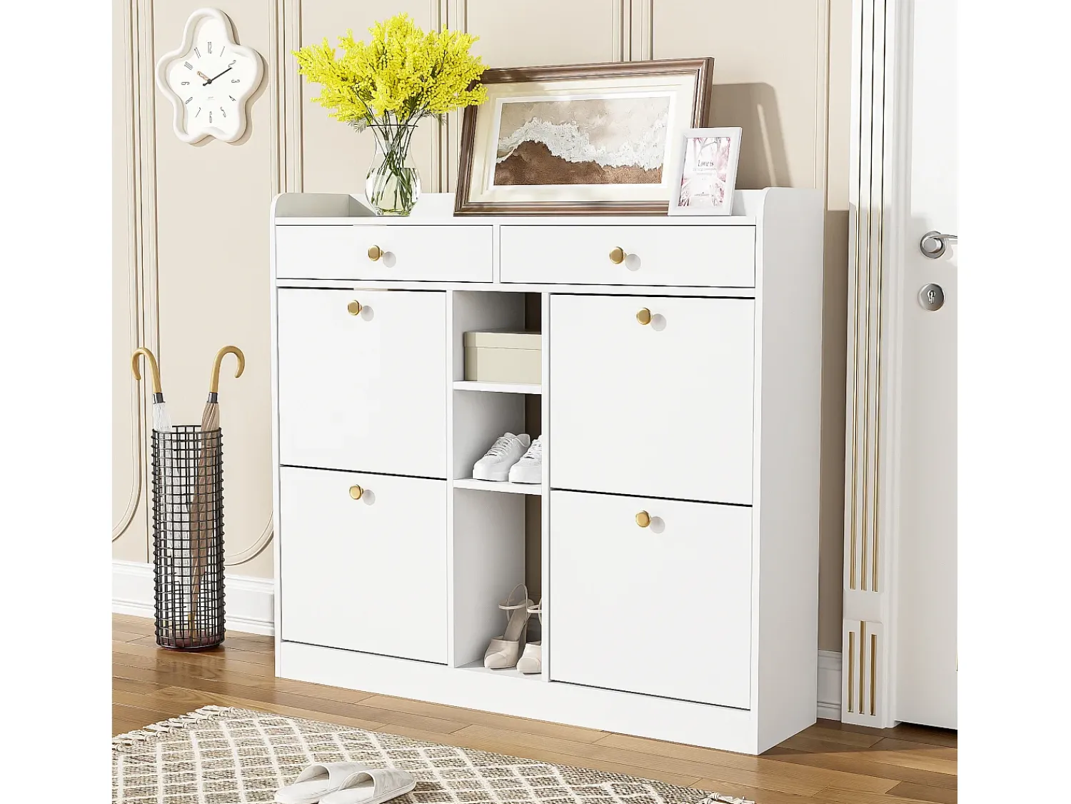 Móvel De Arrumação|Sapateira*Merax Sapateira com 2 gavetas, 3 compartimentos abertos e 4 portas de batente - 110 x 26 x 100 cm - Aglomerado - Branco