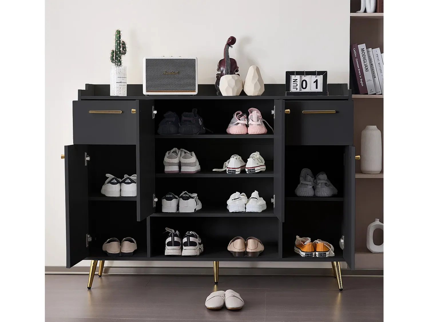 Móvel De Arrumação|Sapateira*Merax Sapateira com 2 gavetas e 4 portas - 130 x 37 x 100 cm - pés metálicos e aglomerado - Preto