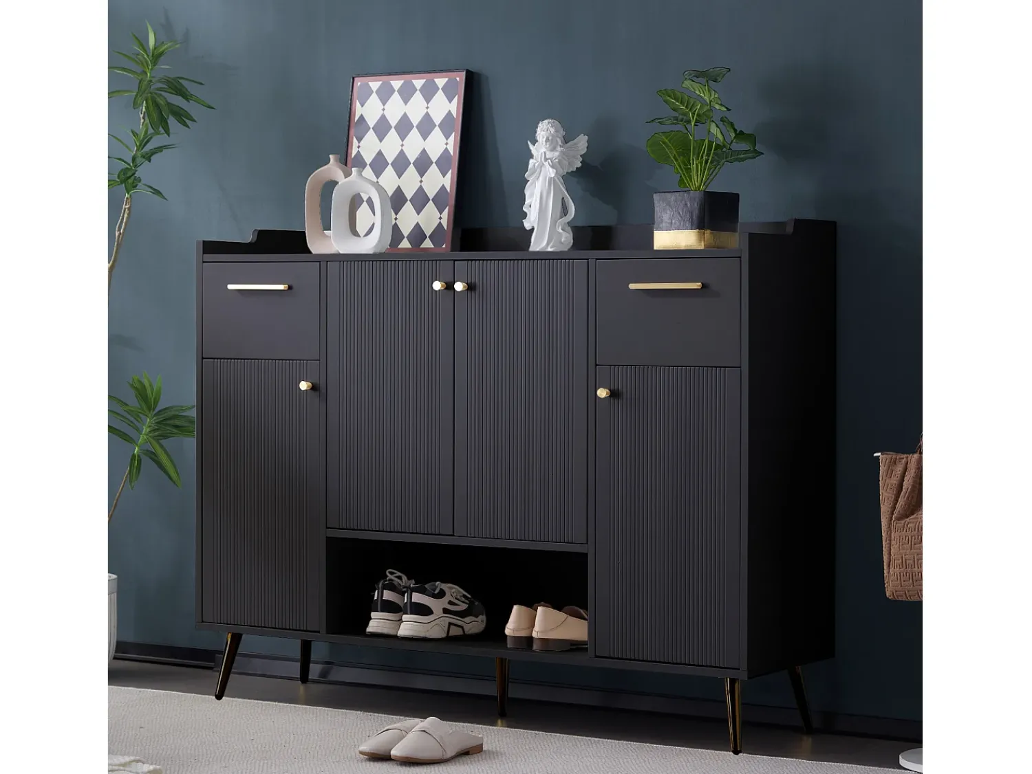 Móvel De Arrumação|Sapateira*Merax Sapateira com 2 gavetas e 4 portas - 130 x 37 x 100 cm - pés metálicos e aglomerado - Preto