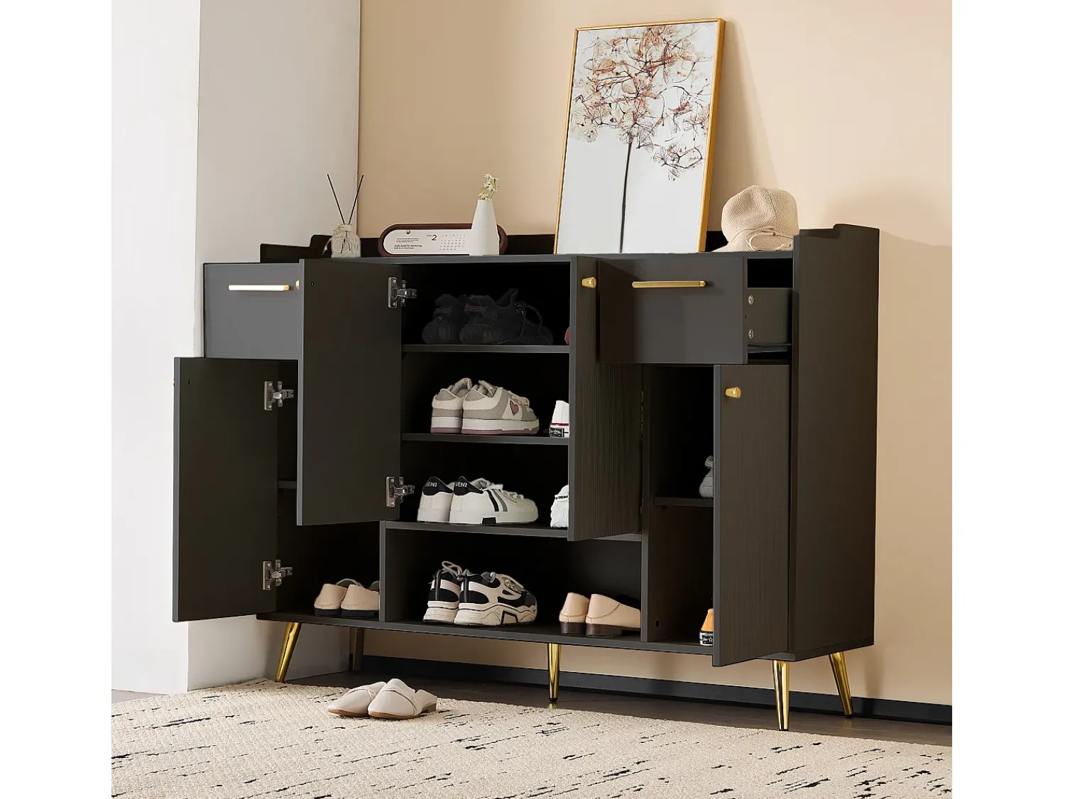 Móvel De Arrumação|Sapateira*Merax Sapateira com 2 gavetas e 4 portas - 130 x 37 x 100 cm - pés metálicos e aglomerado - Preto