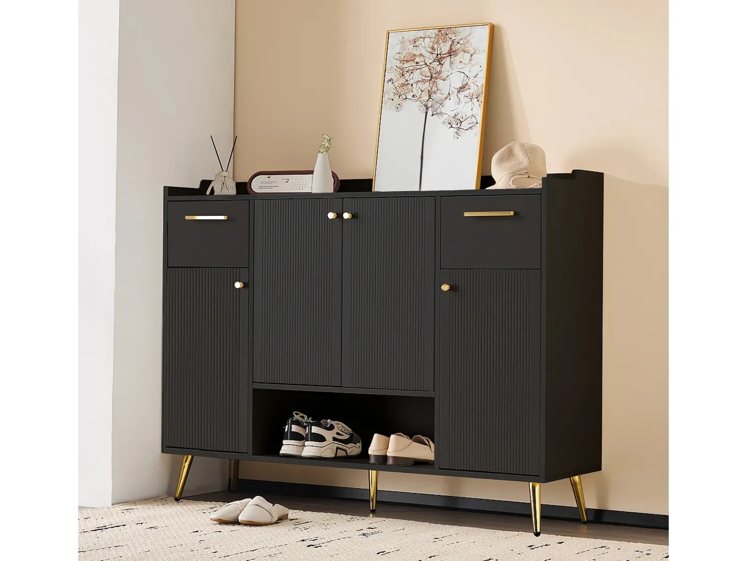 Móvel De Arrumação|Sapateira*Merax Sapateira com 2 gavetas e 4 portas - 130 x 37 x 100 cm - pés metálicos e aglomerado - Preto
