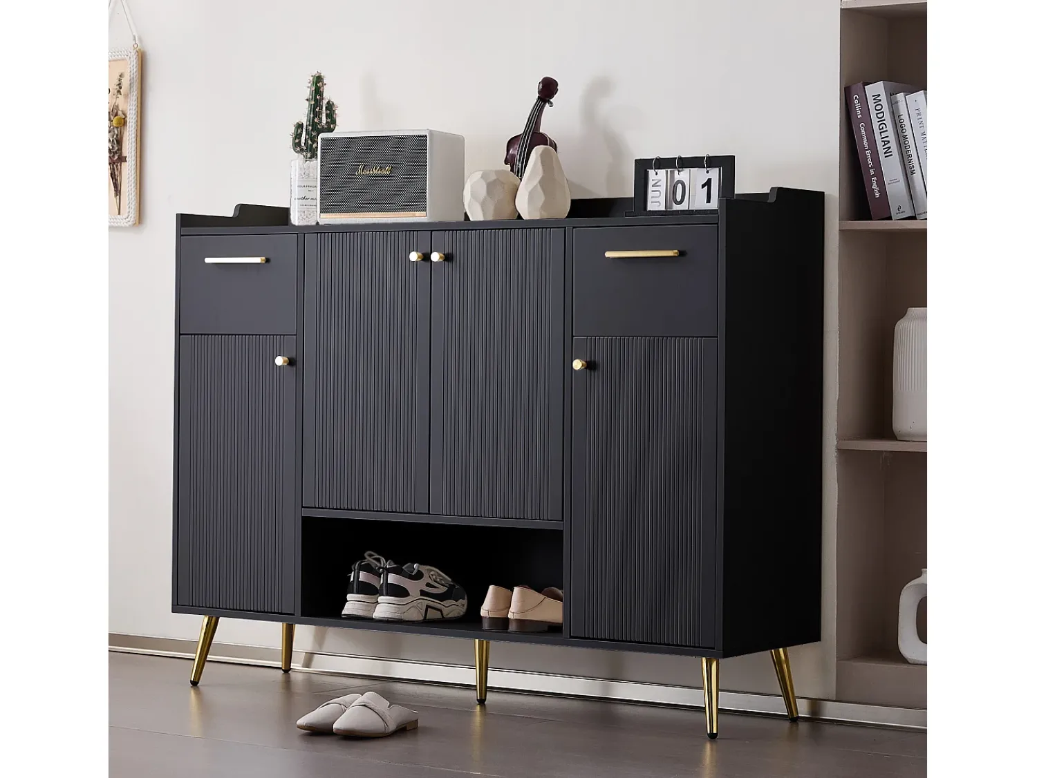 Móvel De Arrumação|Sapateira*Merax Sapateira com 2 gavetas e 4 portas - 130 x 37 x 100 cm - pés metálicos e aglomerado - Preto