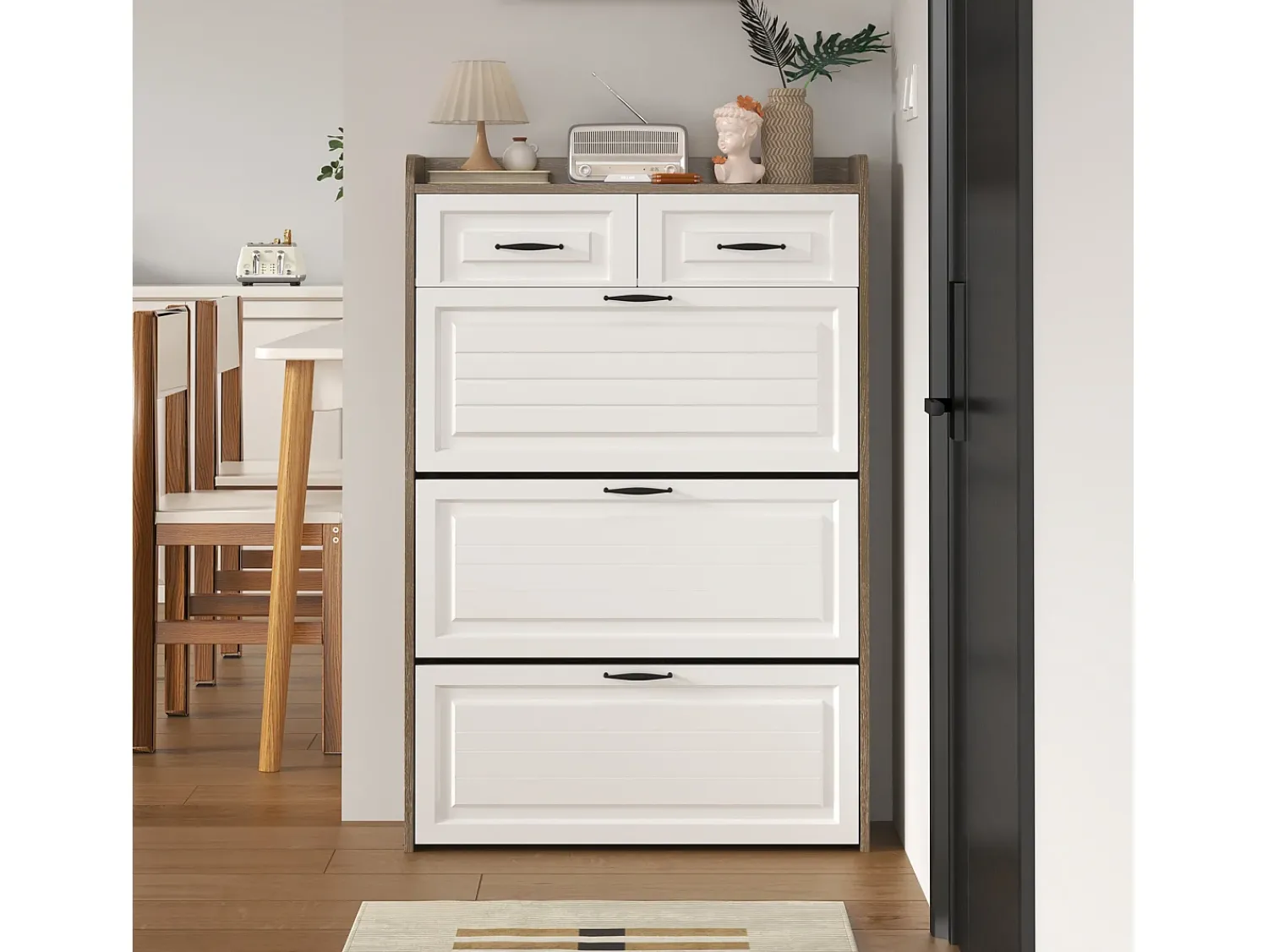 Hauss Spole Sapateira com 2 gavetas e 3 portas - Puxadores pretos - Branco + natural^ Móvel De Arrumação|Sapateira