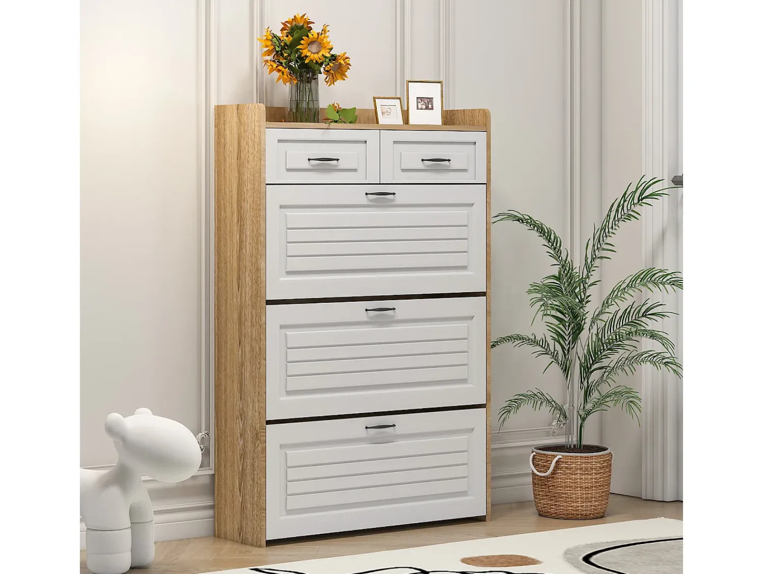 Hauss Spole Sapateira com 2 gavetas e 3 portas - Puxadores pretos - Branco + natural^ Móvel De Arrumação|Sapateira